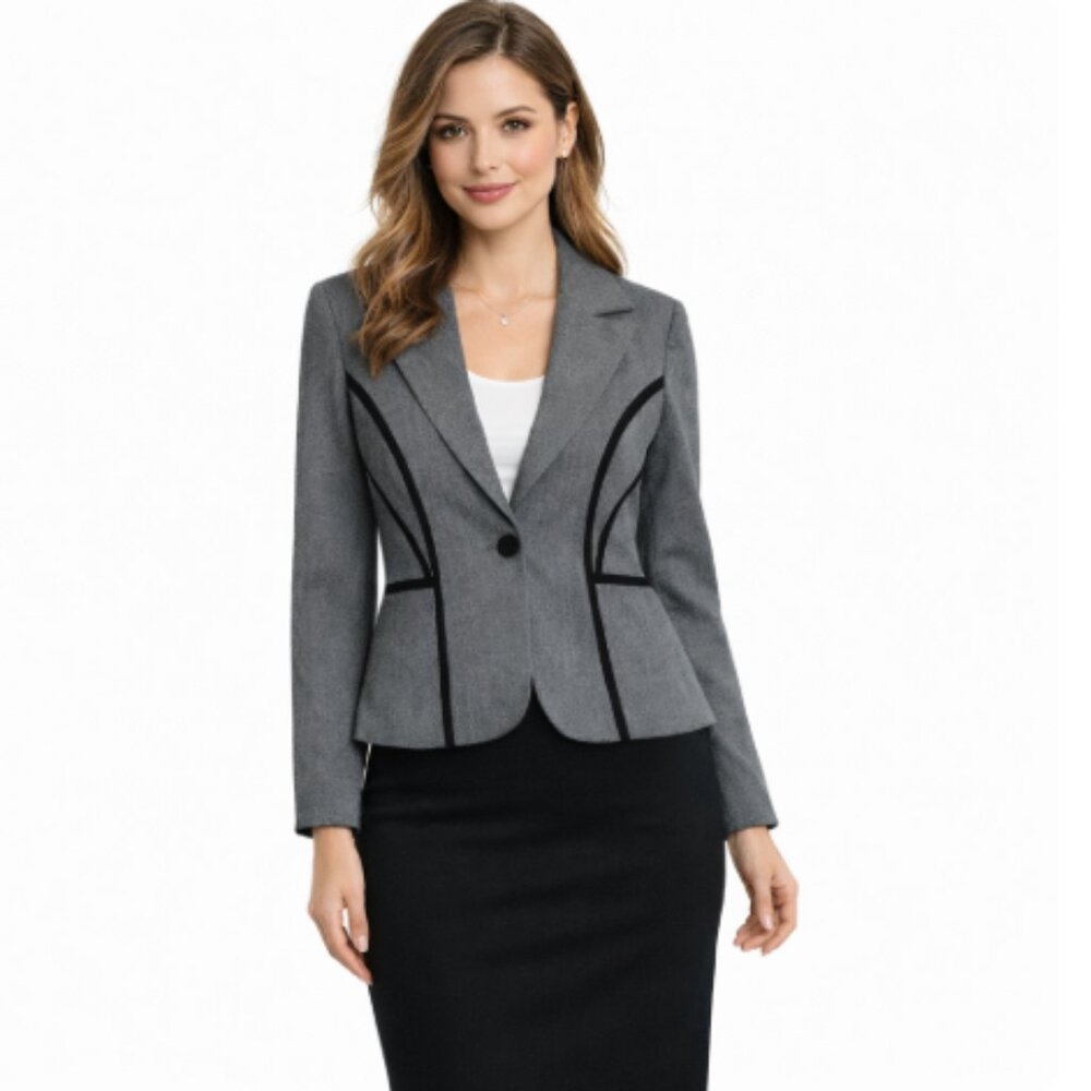 NWT Adamo Gray Professional Tailored Blazer Jacket w/Black Contrast Piping